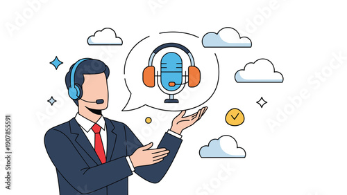Business representative wearing a headset and presenting a thought bubble with microphone and headphone icons for communication.