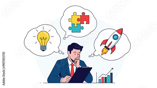 Businessman sitting at a desk with thought bubbles showing a lightbulb a rocket and puzzle pieces for strategic thinking.