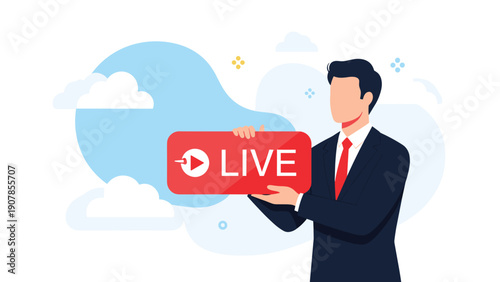 Professional businessman holding a red live streaming button sign representing social media broadcasting and digital content.