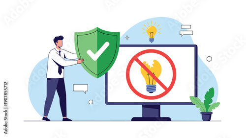 Businessman holding a green security shield next to a monitor with a forbidden broken lightbulb icon for protection and safety.