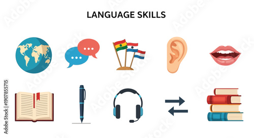 Icons illustrating language skills world speech bubbles flags ear mouth book pen headphones arrows and stacked books
