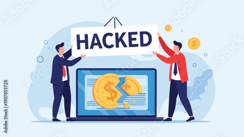 Two concerned businessmen holding a large hacked sign over a laptop displaying a broken coin representing financial cybercrime.