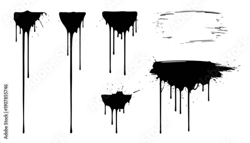 Collection of abstract black ink splashes, drips, and grunge brush strokes, perfect for artistic graphic design elements and textures, adding a raw and edgy feel to creative projects