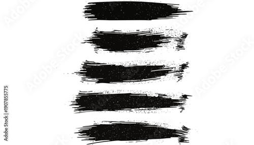 Abstract collection of six isolated black paint brush strokes with rough, distressed texture, ideal for grunge graphic design elements and artistic backdrops