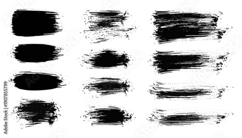 Collection of abstract black paint brush stroke textures and designs for graphic design and artistic applications