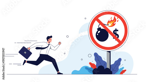 Worried businessman running away from a warning sign featuring a lit bomb and a dollar sign symbolizing financial risk or crisis.