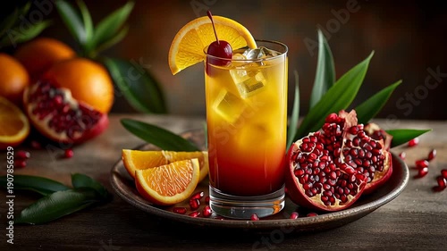 A vibrant Tequila Sunrise cocktail garnished with a cherry and orange slice. Fresh oranges and pomegranate surround the drink on a wooden table.