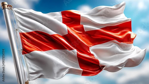 A waving flag of England with a red cross on a white background. The flag flutters against a blue sky with clouds.