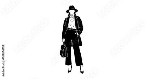 Stylish Woman Wearing Hat and Fashionable Outfit Posing.