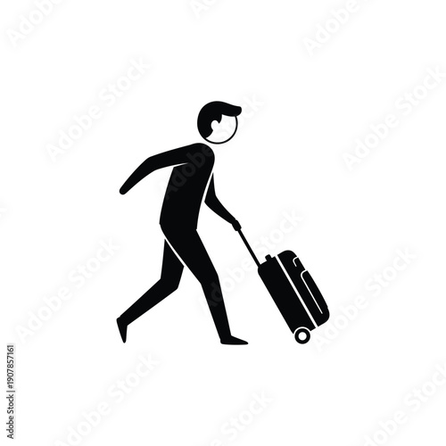 Black silhouette of a person pulling a suitcase, traveling or commuting icon, Isolated on transparent background, png