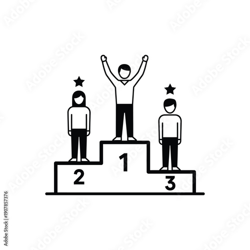 Vector illustration of three people on a podium with ranking stars, winner on top, for infographic or presentation