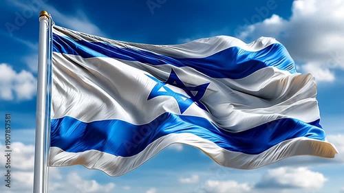 Waving Israeli flag against a blue sky with clouds. The flag features a blue Star of David and two horizontal blue stripes on a white background.
