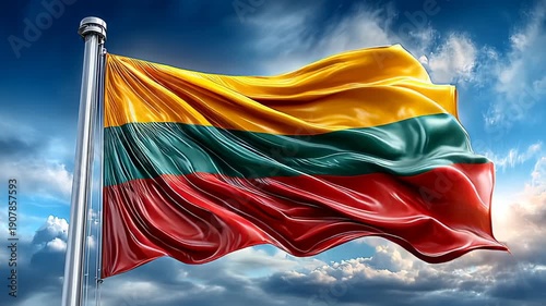 A vibrant Lithuanian flag waving against a blue sky with clouds. The flag features horizontal stripes of yellow, green, and red.
