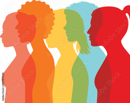 Colorful women profile silhouettes, diverse female faces, body positivity diversity concept, inclusion equality, abstract layered figures, flat vector illustration