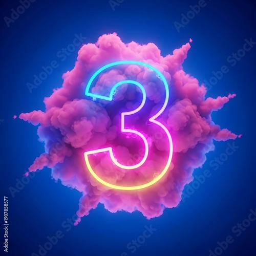 A vibrant and colorful number three surrounded by a cloud of pink and purple smoke