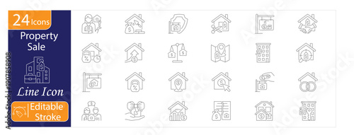 Property Sale Icons Set, Real Estate Deal, House Listing, For Sale Sign, Property Investment, Mortgage Agreement, Home Transfer, Editable Stroke Vector Illustration.