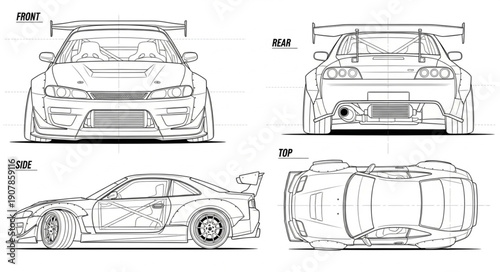 Detailed Blueprint Drawing of a Sports Car.