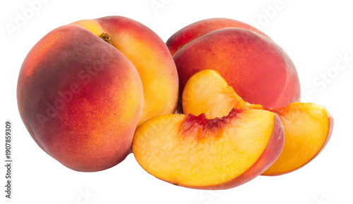 fresh peaches with slices on white background