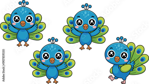 Cute baby peacock cartoons, smiling blue birds with bright tail feathers isolated on white background vector illustration