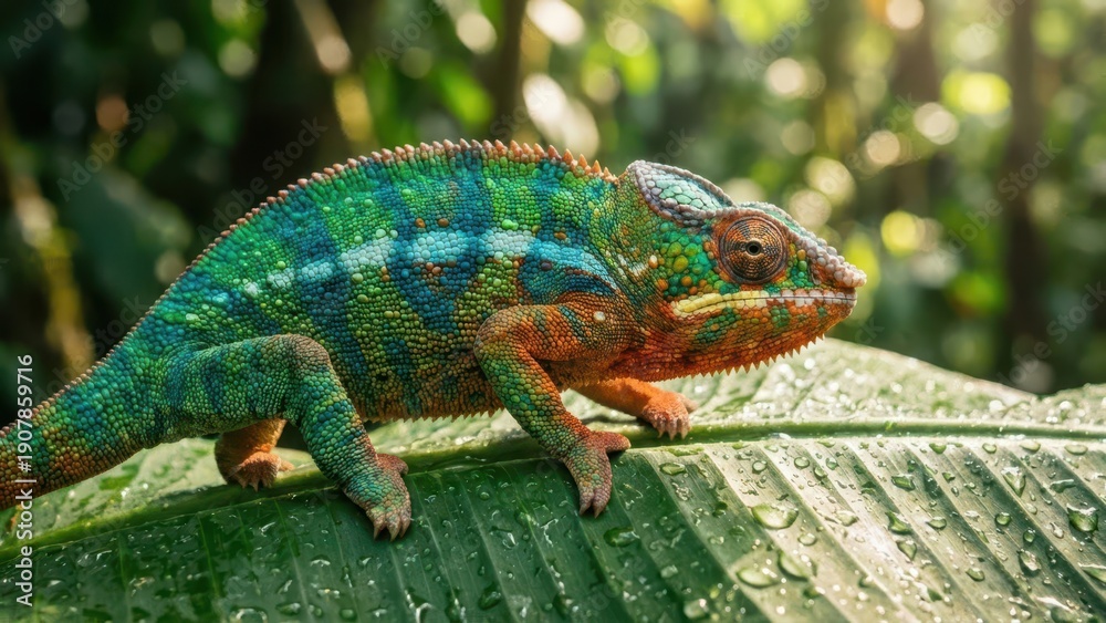 Fototapeta premium Vibrant Chameleon With Intricate Patterns Resting on a Dewy Leaf in Lush Forest Setting