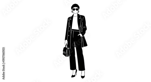 Stylish woman in black outfit with handbag and sunglasses.