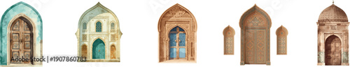 Watercolor Old mosque windows shape in oriental style. Islamic door set isolated on white background