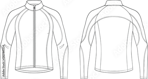 Technical Fashion Flat Sketch of a Women's Long Sleeve Raglan Zip Up Performance Jacket with Athletic Seam Details Front and Back View Template