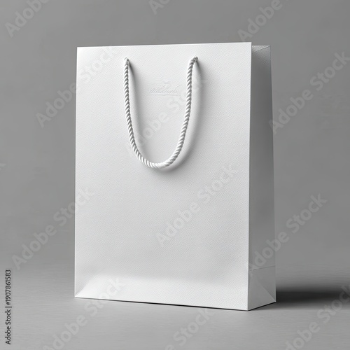 Crisp white paper bag with rope handles on gray background