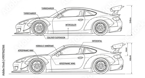 Detailed Blueprint of a Sports Car with Dimensions.