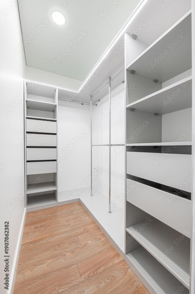 custom made wallpaper toronto digitalModern White Walk-In Closet With Open Shelving and Wooden Flooring. Storage Room