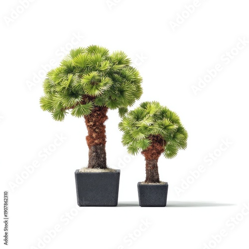 Two potted palm trees, larger and smaller, isolated