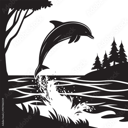 vector illustration of a tropical island with dolphins