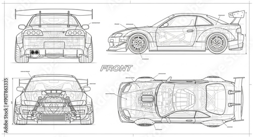 Detailed Blueprint of a Sports Car Design.