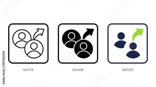 Three icons representing invite, share, and refer actions in simple design.