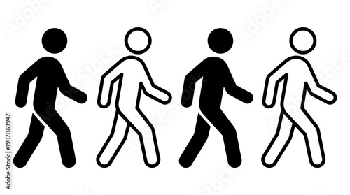 Four stick figures walking in a row, varying in fill color.