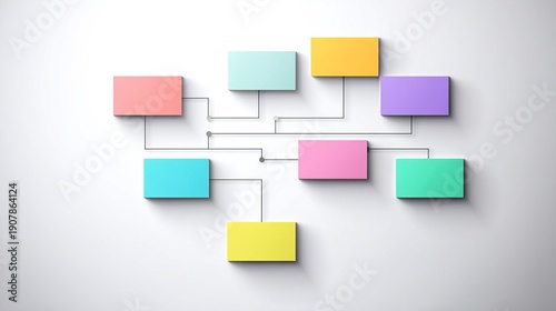 flowchart. Abstract business concept featuring colorful floating flowchart shapes against a clean white background. pitch deck slides.