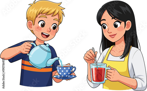Cute children preparing tea and drink together cartoon kids pouring teapot stirring cup homemade beverage vector illustration isolated