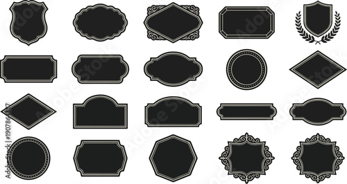 Black decorative label silhouettes, vintage frame shapes, retro outline badge, ornate geometric borders, empty tag design graphics, shield elegant royal crest emblem, retro sticker. Vector set 