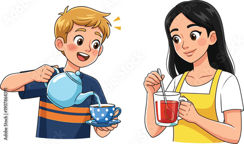 Happy mother and child preparing tea together cartoon family kitchen scene pouring teapot stirring cup drink vector illustration
