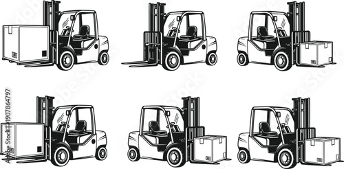 Warehouse forklift trucks lifting cargo pallets material handling logistics transportation industrial equipment black silhouette vector illustration isolated collection