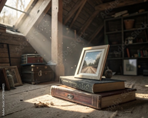 Sunlight streams through attic window illuminating vintage photo frame on stack of old books