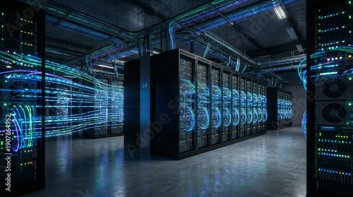 Data center with rows of servers and colorful cables connecting network equipment in a modern facility