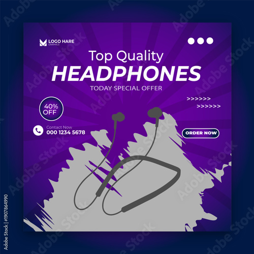 Top Quality Headphones Social Media Post Banner Design.