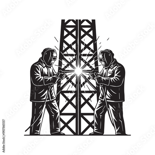 Industrial Welder Workers Fabricating Metal Steel Construction Silhouette Vector Illustration