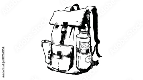Black and white illustration of a backpack with a side pocket and a water bottle holder