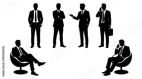 Silhouettes of businessmen in various professional poses and activities.