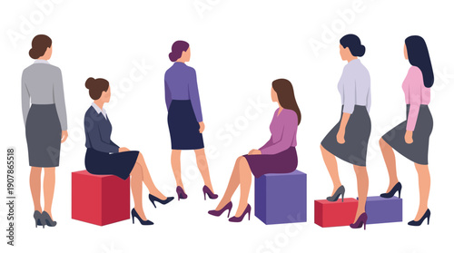 Group of business women standing and sitting on colorful cubes.