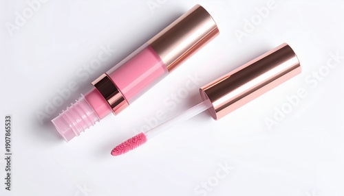 Elegant pink lip gloss with rose gold accents for a glamorous makeup look