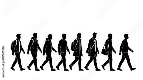 Silhouettes of businesspeople walking in a line.