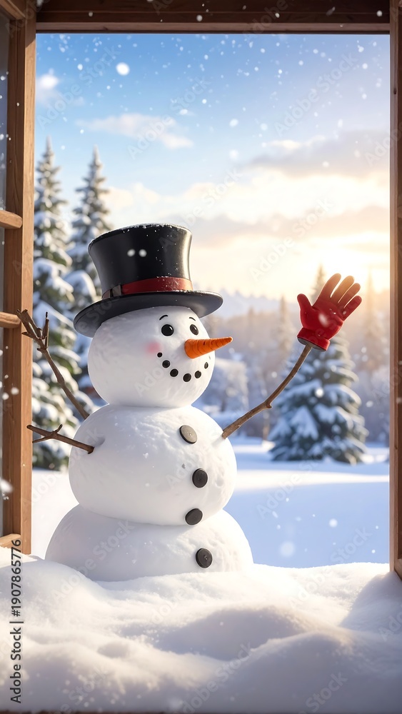Fototapeta premium A snowman in a black hat waves from a snowy window scene
